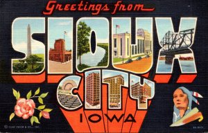 Iowa Greetings From Sioux City Large Letter Linen 1945 Curteich