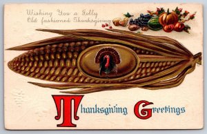 Thanksgiving~Turkey On Gold Corn Cob~Fruit~Calligraphy~Emb~JJ Marks Ser 959~1910