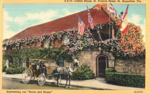 Vintage Postcard 1930's Horse & Buggy Oldest House St. Augustine Florida FL