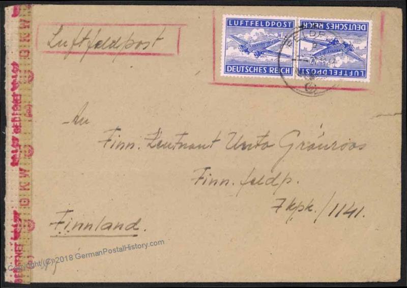 3rd Reich Germany FRONT-FRONT Finnish Volunteer Luftfeldpost LuPo Cover 17018