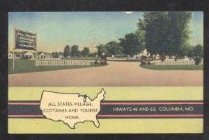 COLUMBIA MISSOURI ALL STATES VILLAGE VINTAGE LINEN ADVERTISING POSTCARD MO.