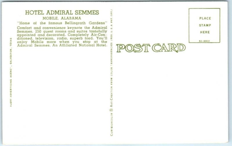 Postcard - Hotel Admiral Semmes - Mobile, Alabama