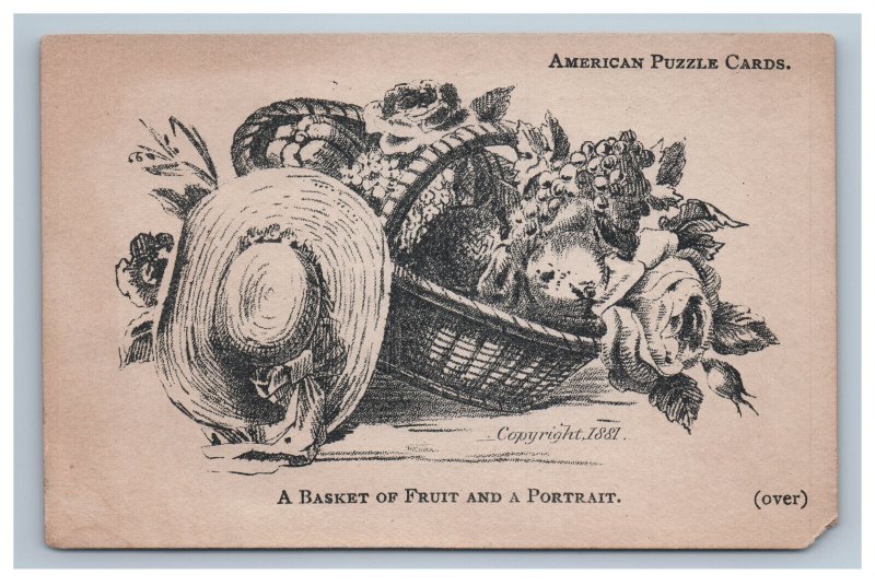 1881 Victorian Trade Card American Puzzle Basket Fruit Portait Rollins & Bond 
