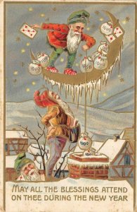 Elves Chimney New Year's Greetings Christmas 1908 Embossed Art Vintage Postcard