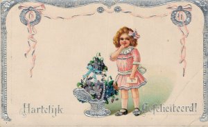 Congratulations Girl With Flowers Vintage Postcard 06.51