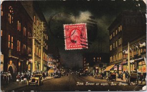 Fifth Street at Night San Diego California Vintage Postcard C085