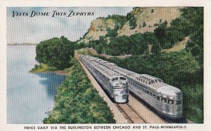 Postcard Railroad Vista Dome Twin Zephyrs Trains Burlington Chicago  St Paul MN