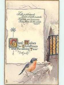 Pre-Linen christmas CUTE BIRD SITS ON BRANCH OUTSIDE SNOW-COVERED HOUSE hr2865