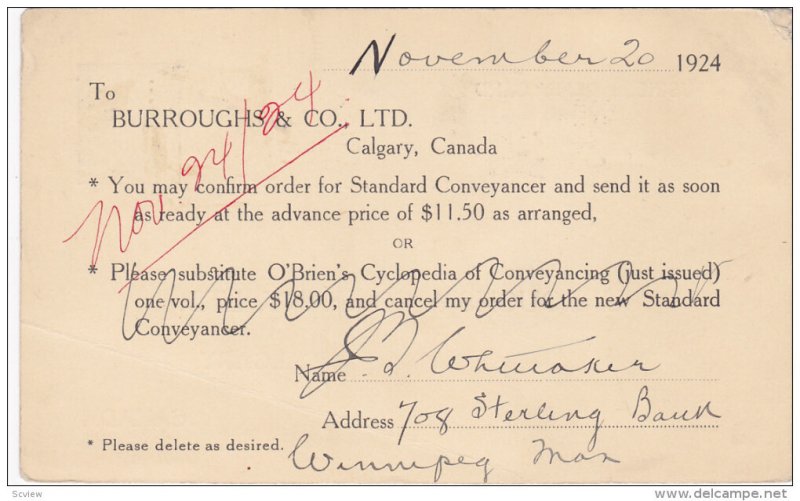 CALGARY, Alberta, Canada, PU-1924: Burroughs & Co. Ltd., Confirmation Of Order