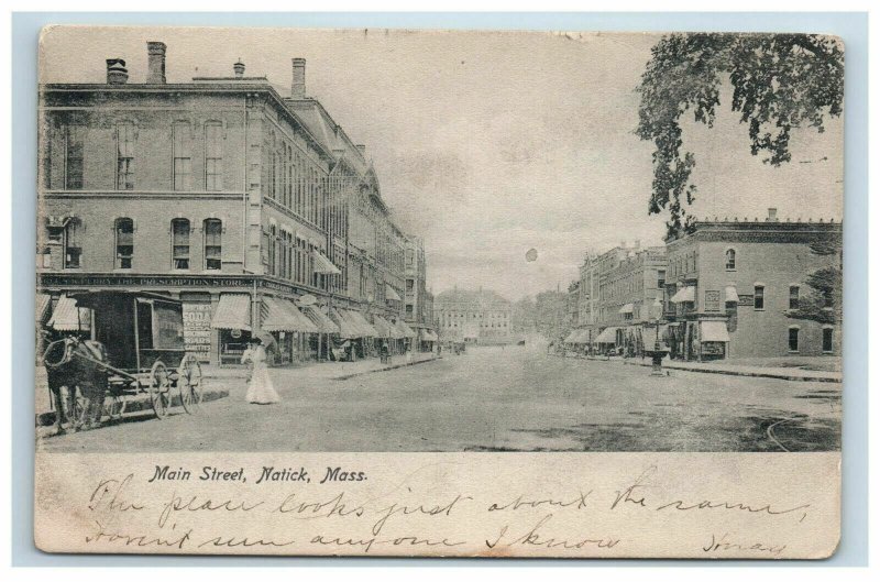 1907 Natick MA Main Street Scene Postcard Horse Undivided