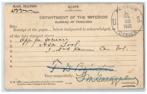 1921 Mail Section US Pension Office Dept of Interior Washington DC Postal Card