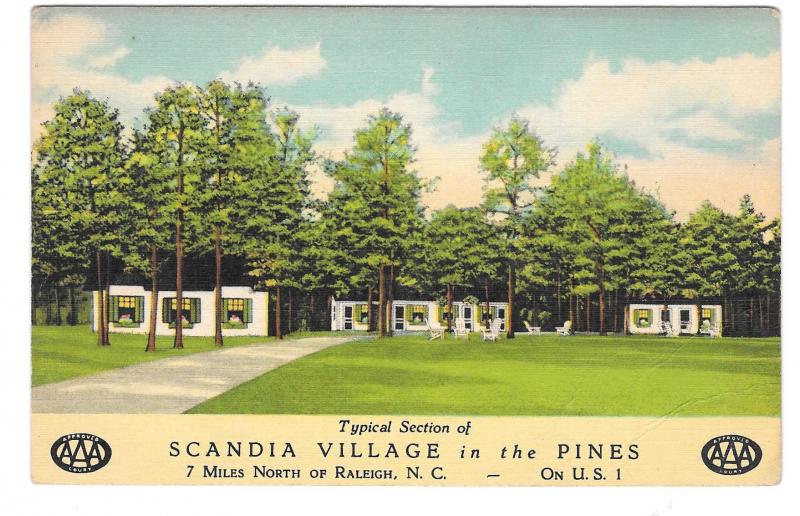 Scandia Village in the Pines Motel Raleigh NC US Route 1  Vintage AAA Postcard