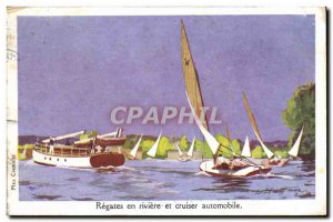 Old Postcard Fantasy Illustrator Haffner Boat Regattas in river and motor cru...