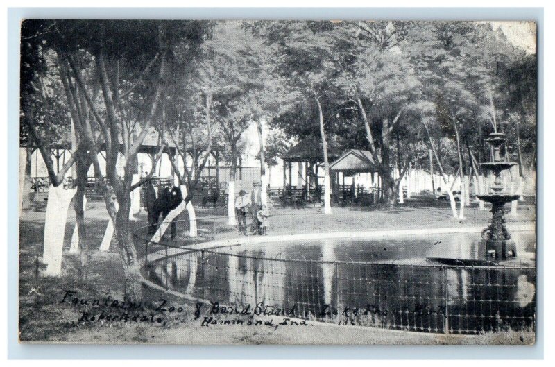 c1910's Fountain Zoo & Band Stand Lake Front Park Hammond Indiana IN Postcard