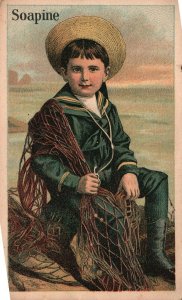 1880s-90s Trade Card, Soapine Boy with Fishing Net, Kendall Mfg. Co. New York NY