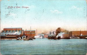 Ships Boats Docks Mouth of River Chicago  Illinois Postcard 1909