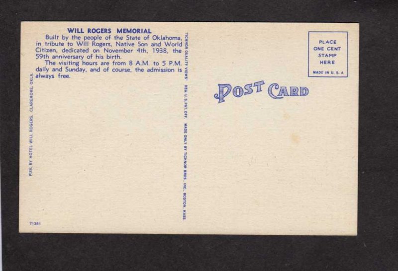 OK Will Rogers Memorial Claremore Oklahoma Linen Postcard