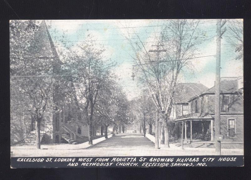 EXCELSIOR SPRINGS MISSOURI RESIDENCE STREET SCENE CHURCH VINTAGE POSTCARD MO.