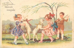 Lot 14 Easter folklore & traditions greetings postcards drawn children Hungary 