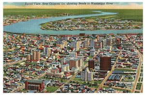 Ariel View of New Orleans Vintage Linen Postcard w/ Mississippi River