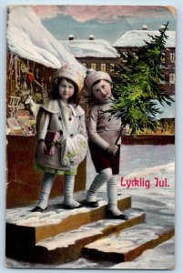 Christmas Postcard Children With Pine Tree Winter Scene Cannon Falls MN 1911