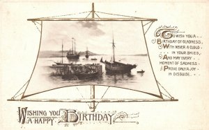 Vintage Postcard 1914 Wishing You A Happy Birthday Greetings Boats And Ships