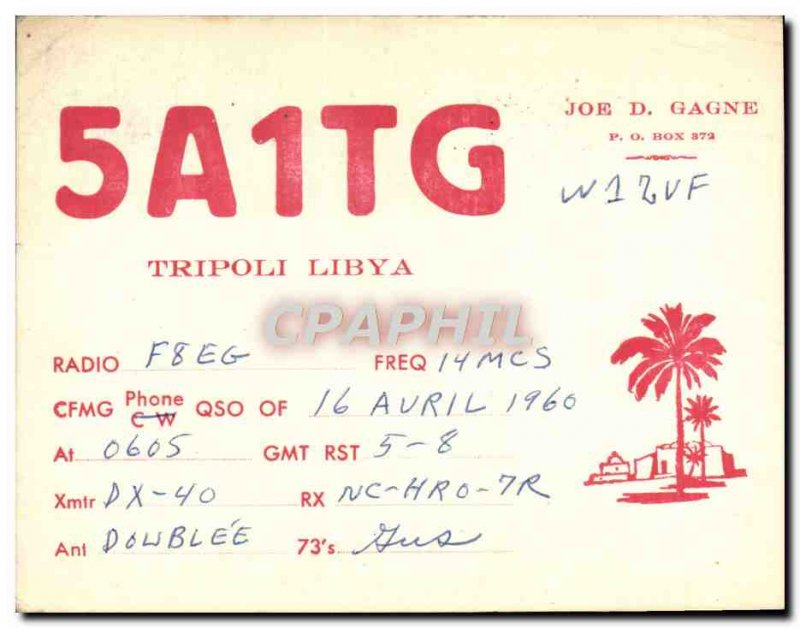 Postcard Old Telegraphie 5A1TG Tripoli Libya Joe D Gagne