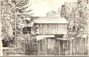 Vtg Dummerston Vermont VT Covered Bridge Old Sturbridge Village Artist Postcard