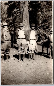 Four Men In Woods With Horse Giant Trees In Background Real Photo RPPC Postcard