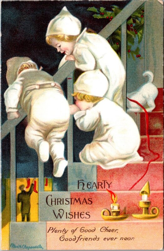 Clapsaddle Art PC Three Young Children on Stairs Watching Dad Fill Stockings