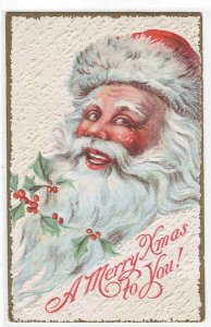 Santa Large Image Holly Berry Christmas 1910c postcard