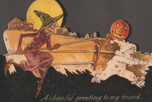 Vintage HALLOWEEN c1910s PLACE HOLDER Marker WITCH CHASING BOY JOL EX CARPENTIER