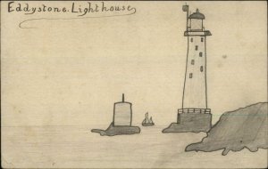 Eddystone Lighthouse Handmade Hand Drawn c1910 Postcard