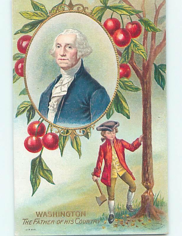 Pre-Linen patriotic GEORGE WASHINGTON CHOPPING DOWN CHERRY TREE HJ2966