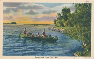Greetings From Maine - Family in Canoe - Linen