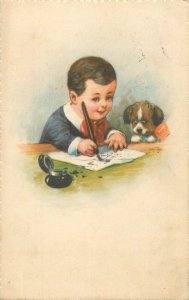 Comic drawn children greetings postcard Hungary boy letter ing puppy dog 1941