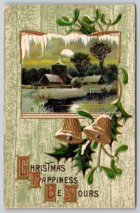 Holiday~Christmas Happiness~Winter Town & Bells W/ Mistletoe~Vintage Postcard