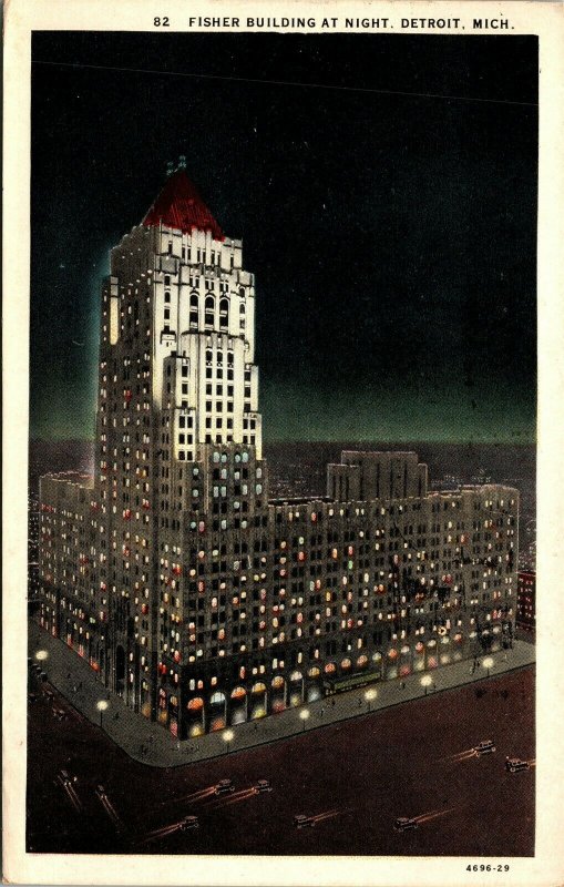 Postcard MI Detroit Fisher Building at Night Old Cars Street Lamps 1930 M45