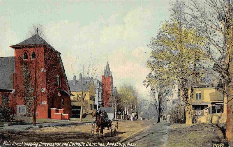 Main Street Universalist Catholic Churches Amesbur Massachusetts 1910c postcard