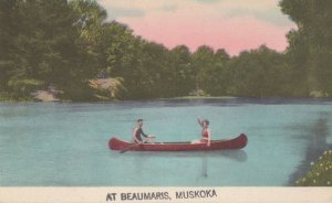 Rowing Canoe Boat at Beaumaris Muskoka Canada Old Postcard