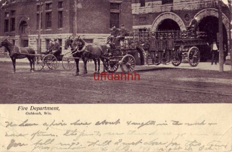 FIRE DEPARTMENT, OSHKOSH, WI 1909 horsedrawn equipment at station house