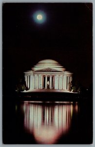 Postcard Washington DC c1960s Jefferson Memorial At Night Across Tidal Basin