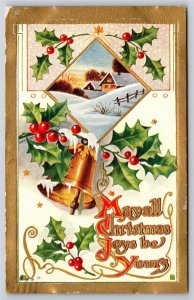 Christmas Joys~Winter Home Inset~Icy Gold Bell~Holly~Gold Border~Emboss~1910 PC