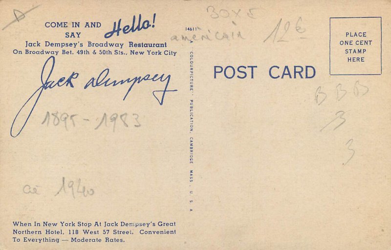 Jack Dempsey`s Broadway Restaurant linen postcard