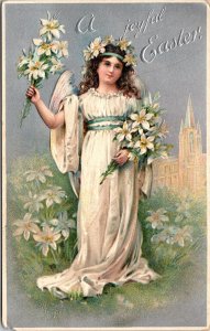 Angel Girl Wings Lily of Valley Cathedral Church embossed Easter Postcard