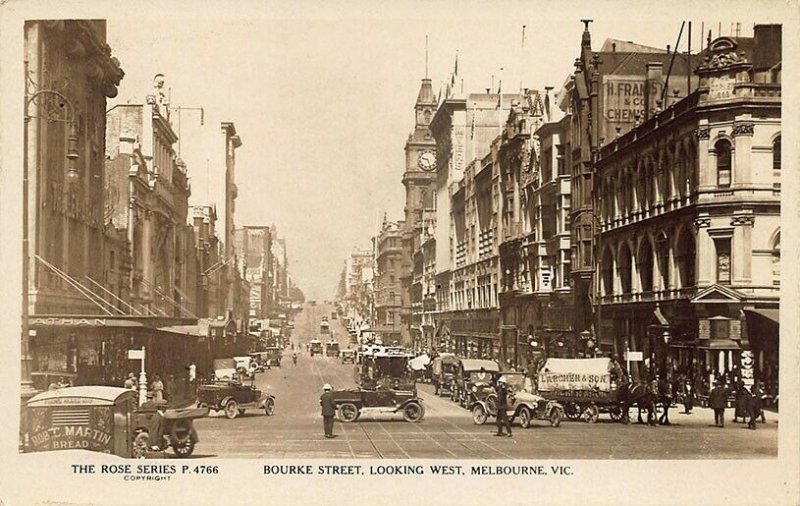 Melbourne Australia Bourke Street Storefronts Old Cars Truck Real Photo Postcard