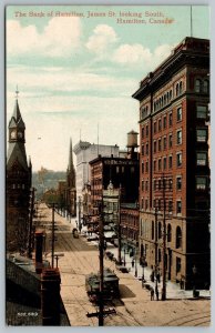 Postcard Hamilton Ontario c1905 Bank on James Street Looking South Trolley Cars