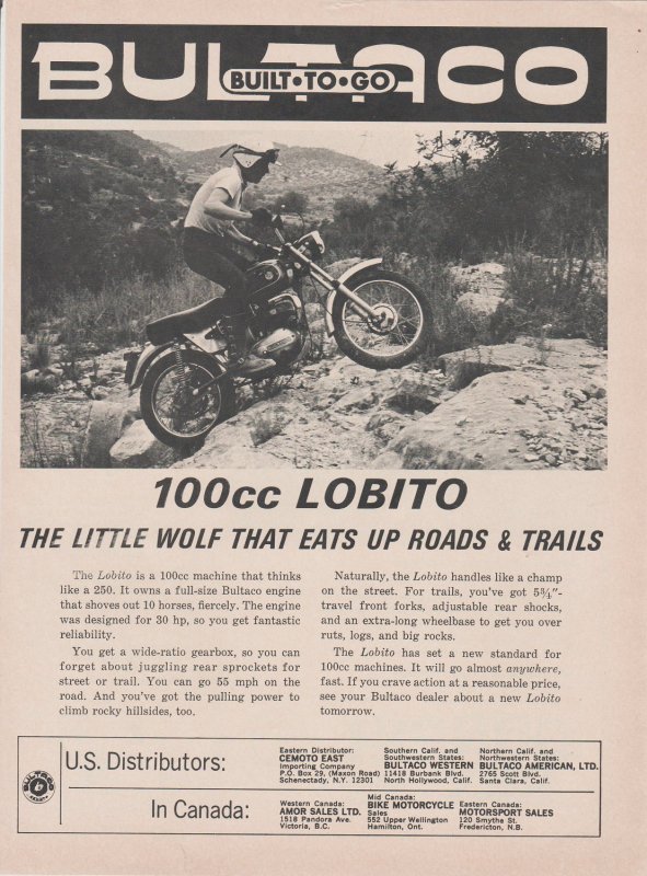 Bultaco Lobito 100cc 1966 Motorcycle Ad, Little Wolf That Eats Up Roads & Trails
