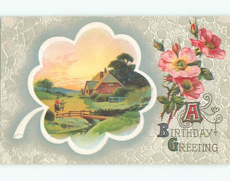 Pre-Linen COUNTRY SCENE WITH PINK POPPY FLOWERS k4784