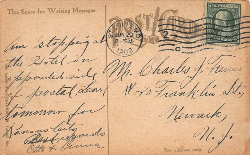 Maryland Hotel, St. Louis, Missouri, Early Postcard, Used in 1909